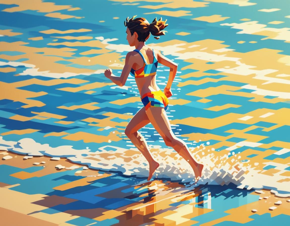 Pixel Art: Person Running on Beach in Sunlight