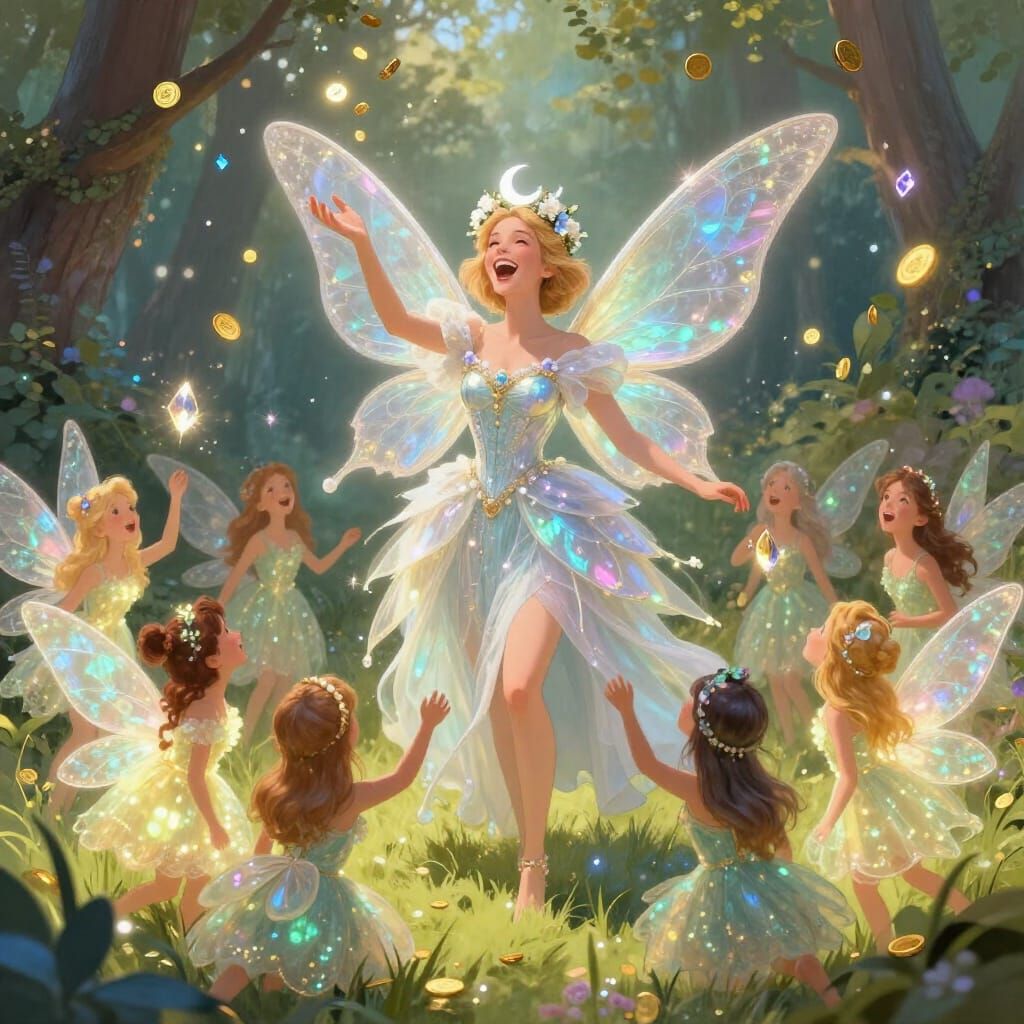 Fairy Queen Laughs with Subjects Over Golden Coins