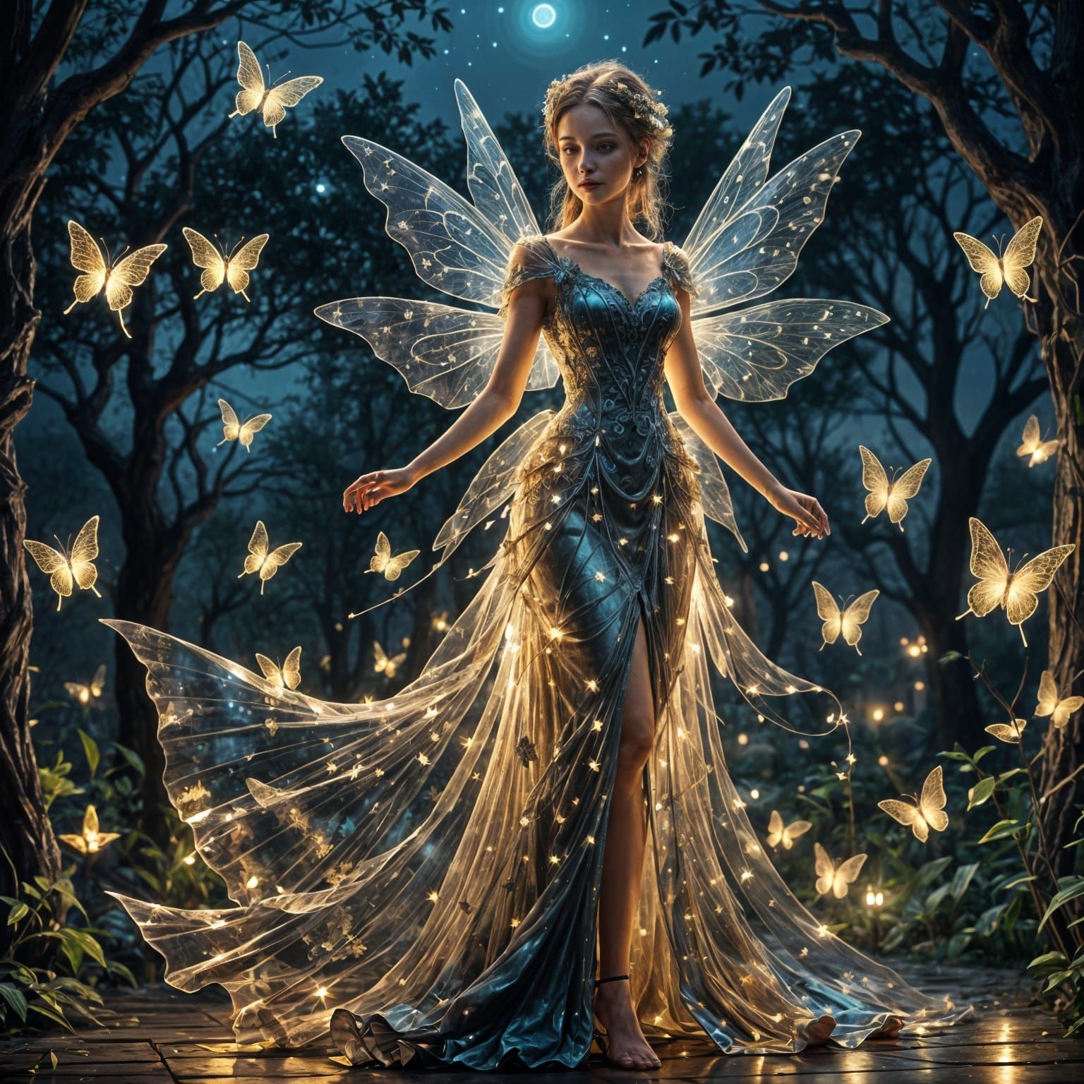 Glowing Fairy in Long Dress at Night