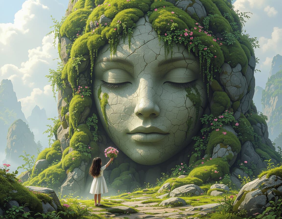 Moss-Covered Fairy Rock Formation with Girl