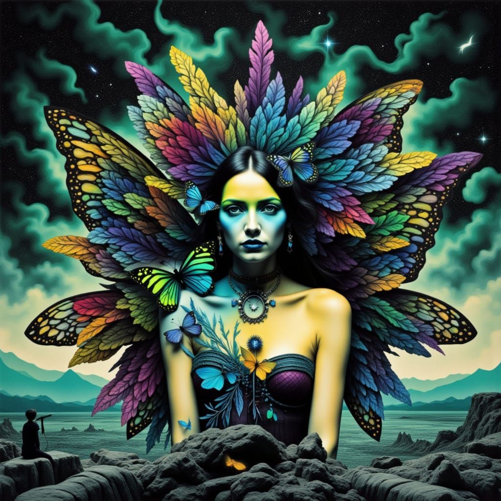 <lora:Illustra:1.0> Spectral woman, formed from art deco roc...