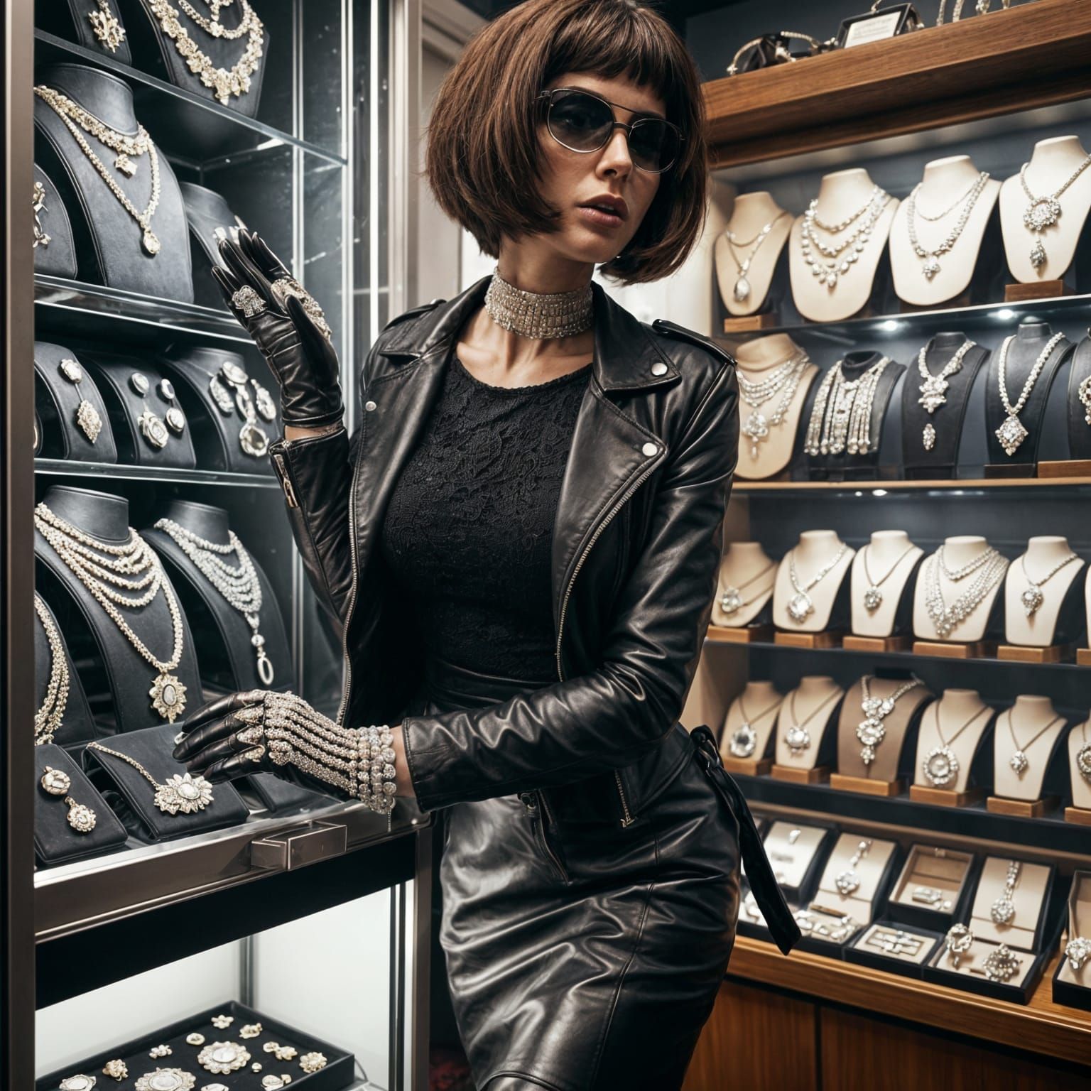 Woman in Leather Outfit Robbing Jewellery Store