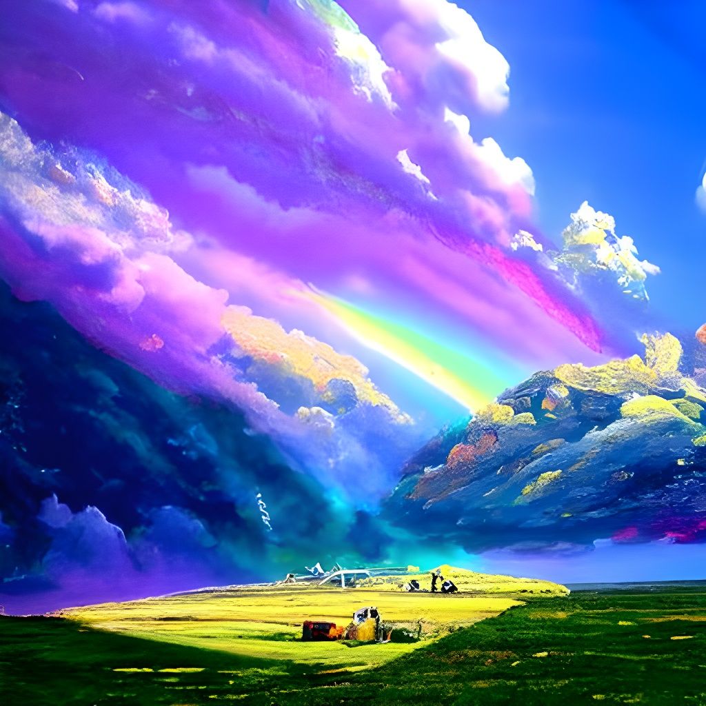 Purple Cubes Under Rainbow as Oil Painting