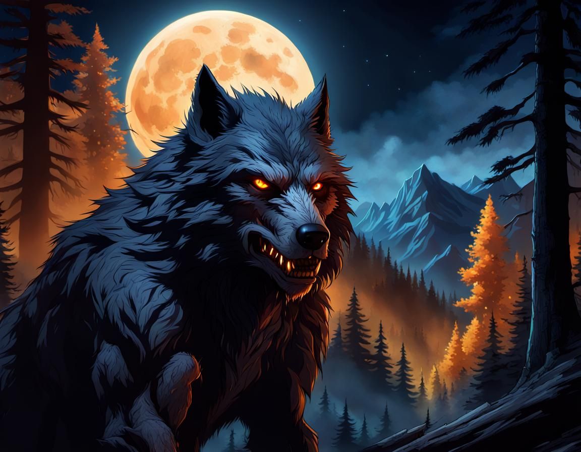 Eerie Werewolf in Moonlight, Hyperrealistic Concept Art