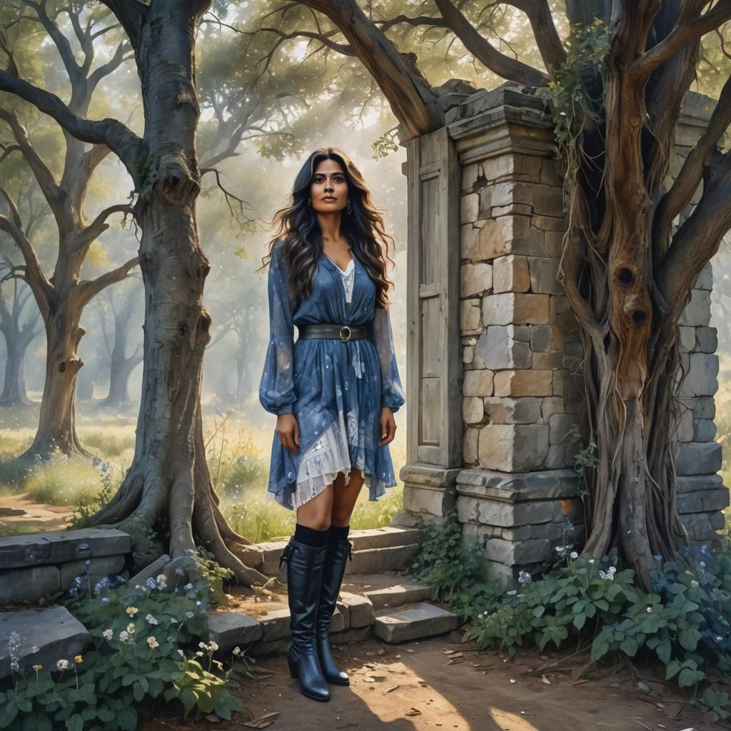 Surreal Watercolor of Indian Woman in Sunlight