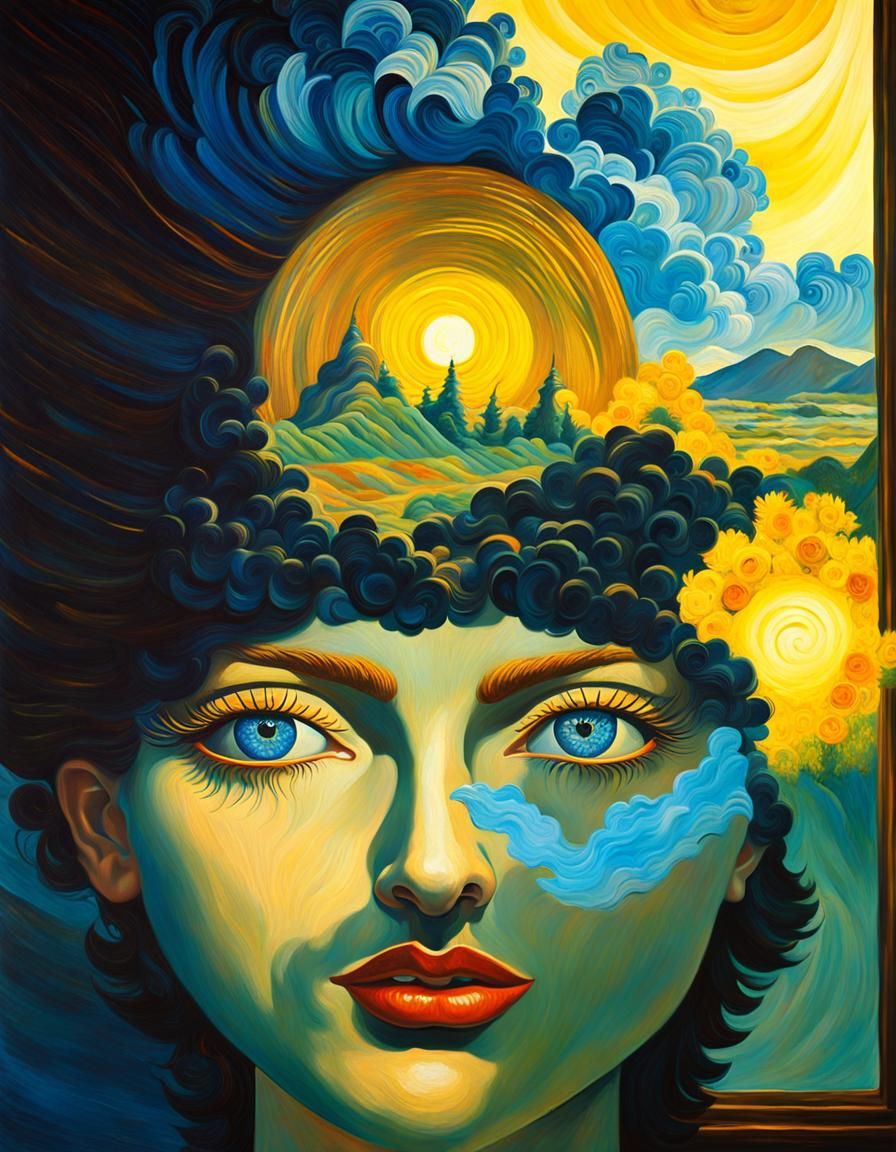 Surreal Gaze Through Misty Window, Oil Painting