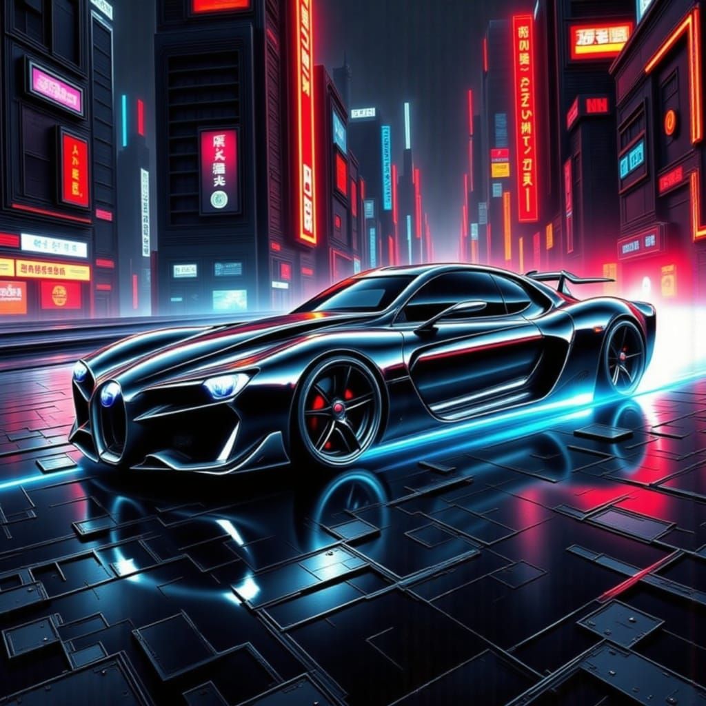 Futuristic Car Speeding Through Neon Cityscape
