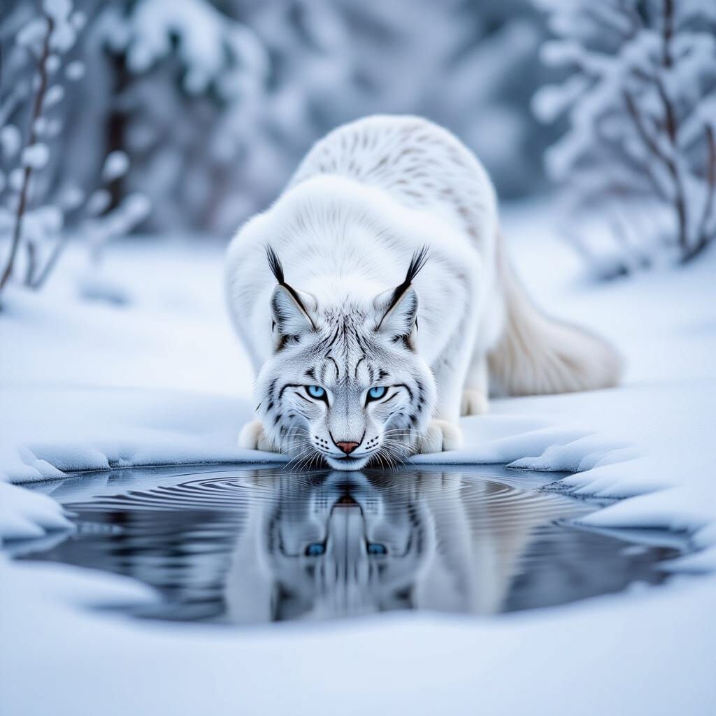 Mystical White Lynx Drinks from Reflective Puddle