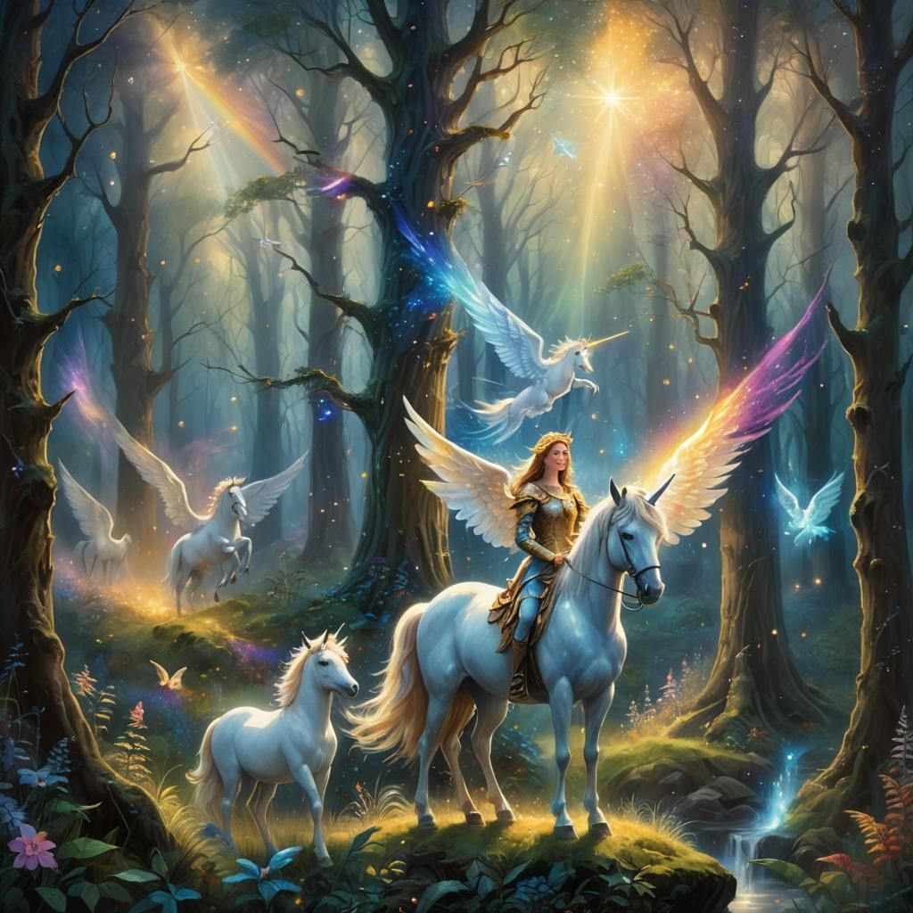 Angel Summons Unicorns in Mystical Oil Painting