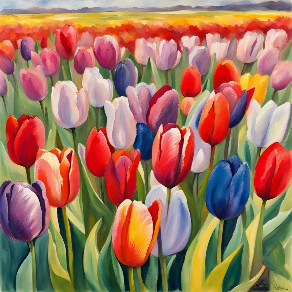 Tulip Field Abstract Art in Gouache Style