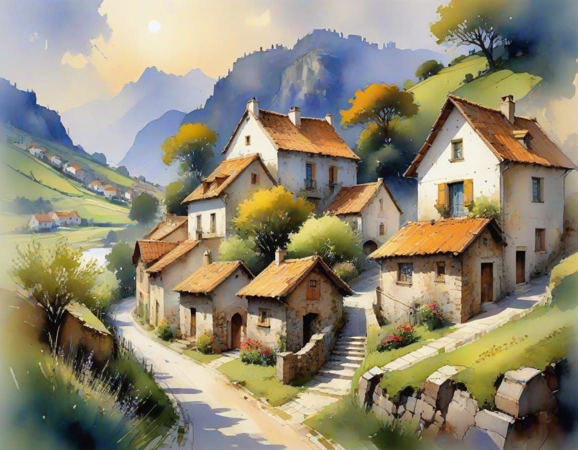 Alcohol Ink Rural Village in Impressionist Style