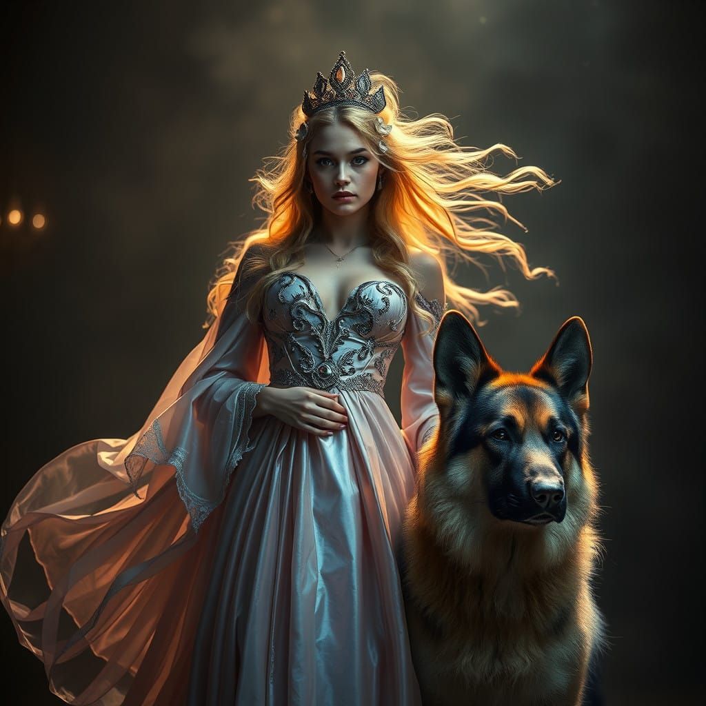 Regal Woman and German Shepherd in Ethereal Aura