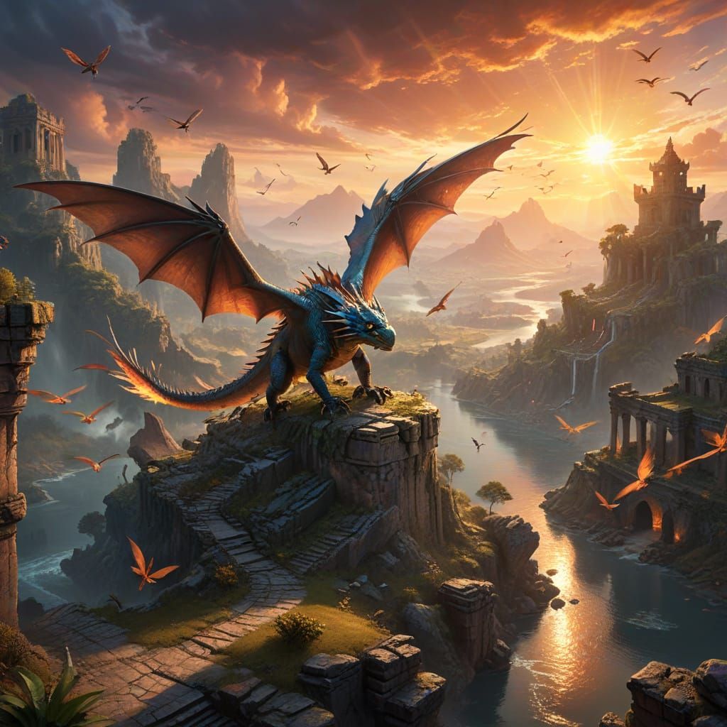 Majestic Dragon Over Fantasy Landscape at Sunset