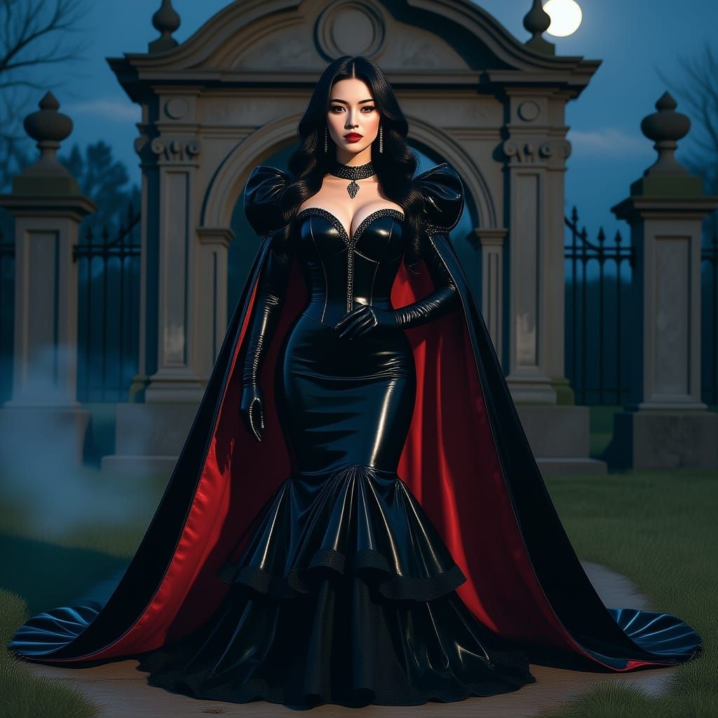 Gothic Lady at Night Before Mausoleum in Moonlight