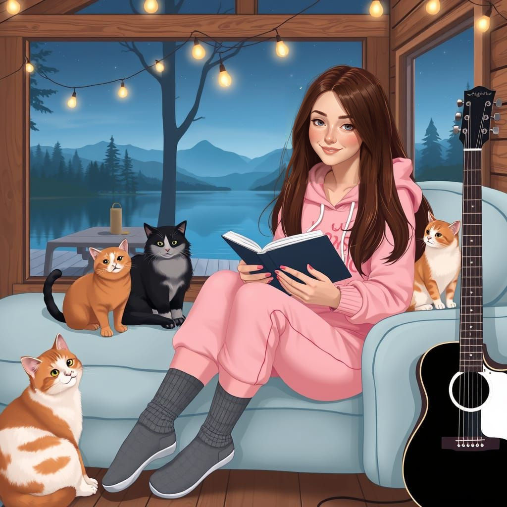 Cozy Cabin Scene with Woman Reading, Digital Illustration