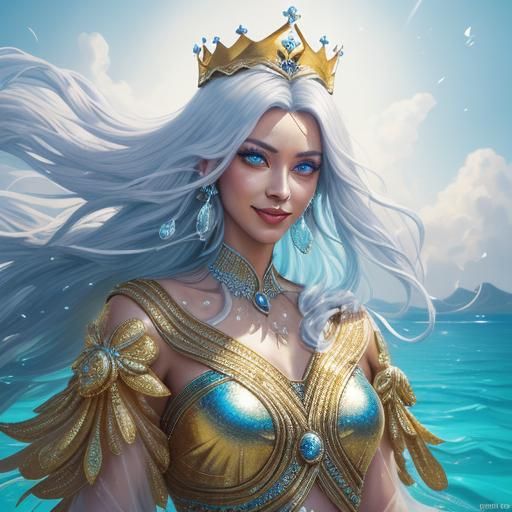 Radiant Goddess on Azure Shore in Graffiti Art Style