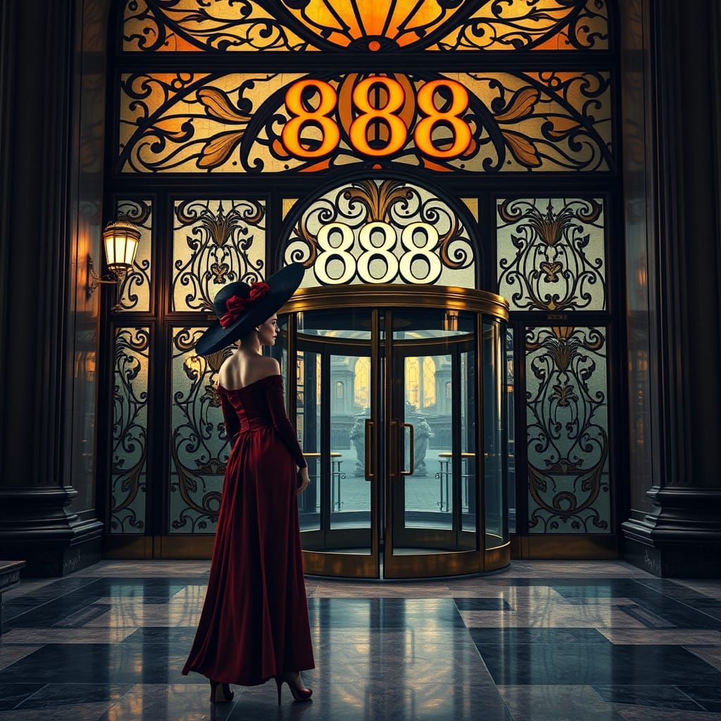 Epic Art Nouveau Lady Enters Revolving Glass Door of '888'