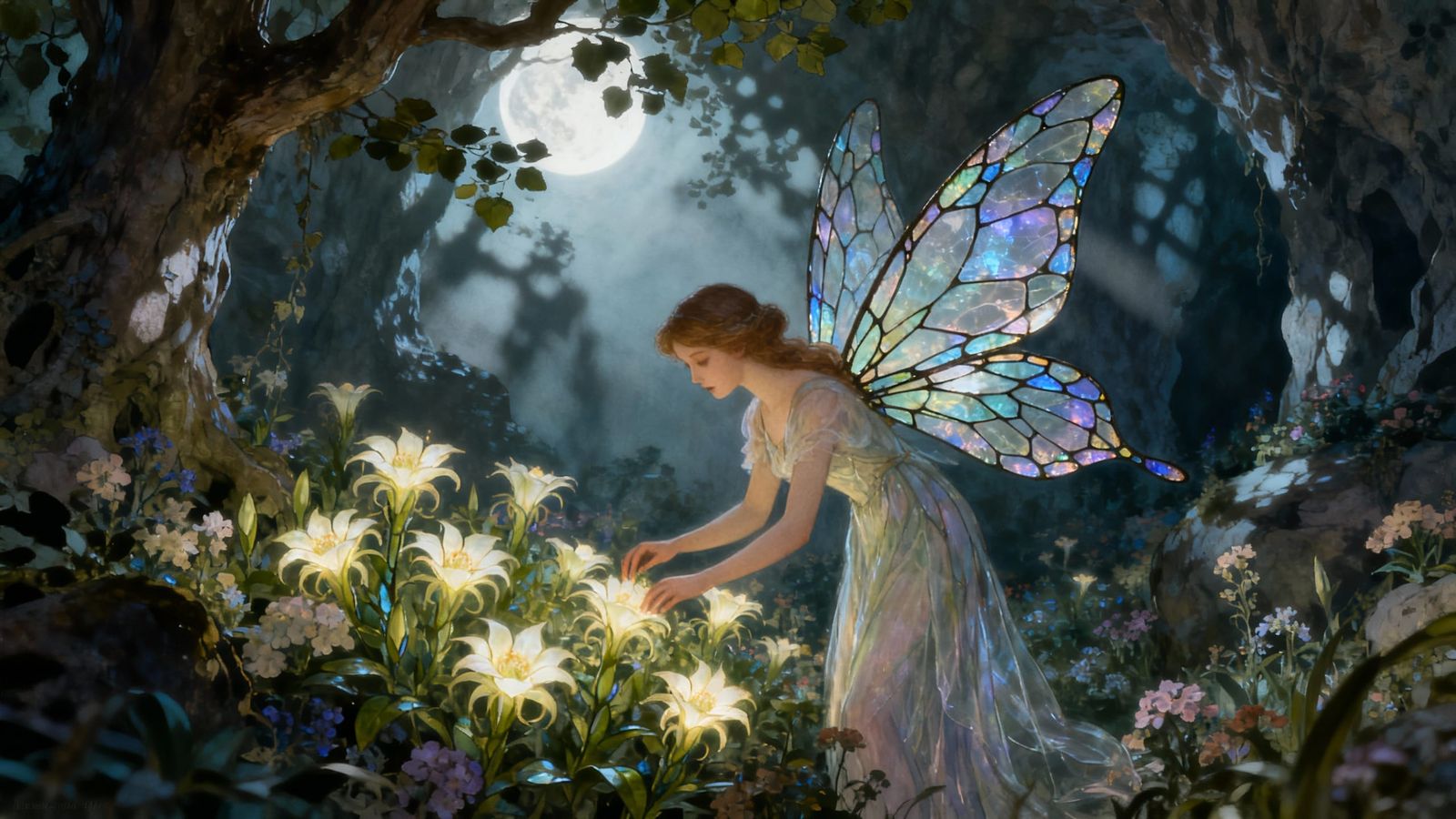 Ethereal Fairy in Moonflower Garden, Fantasy Concept Art