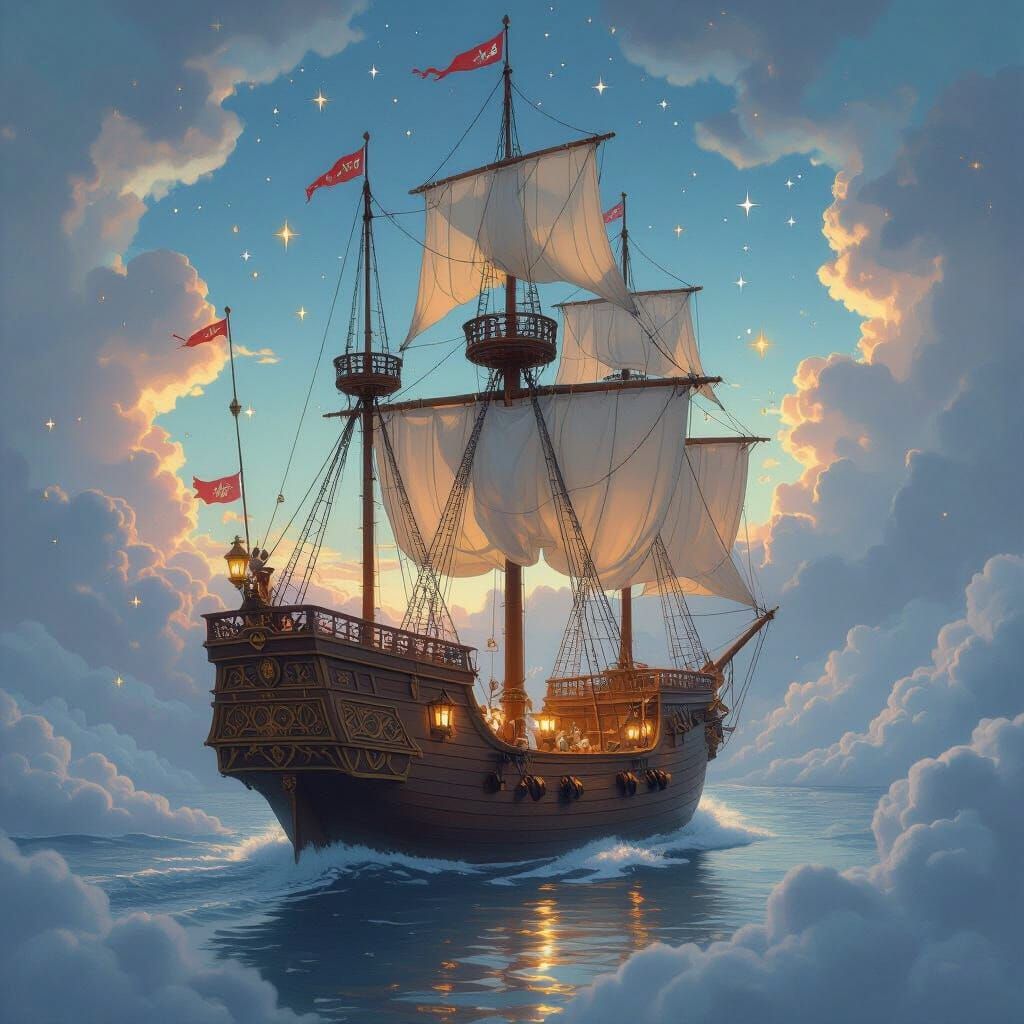 Galleon Sails Through Cloudy Skies, Romantic Style