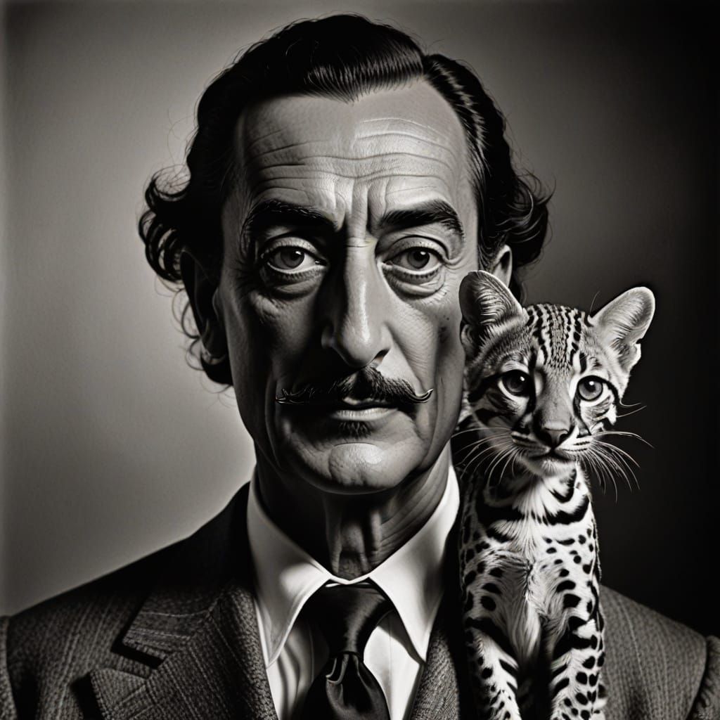 Salvador Dali with Ocelot: Classic B&W Portrait