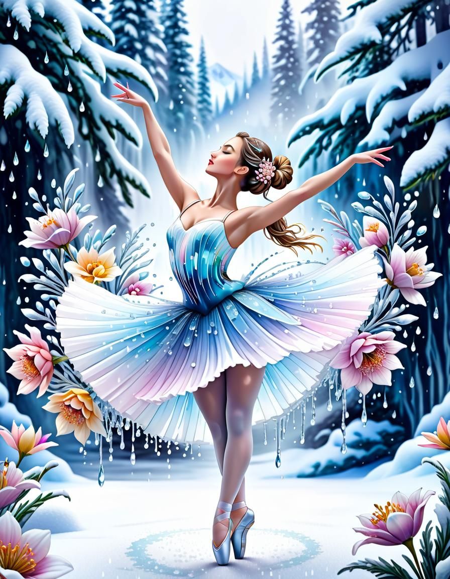 Floral Ballerina Dancing in Winter: Watercolour Art