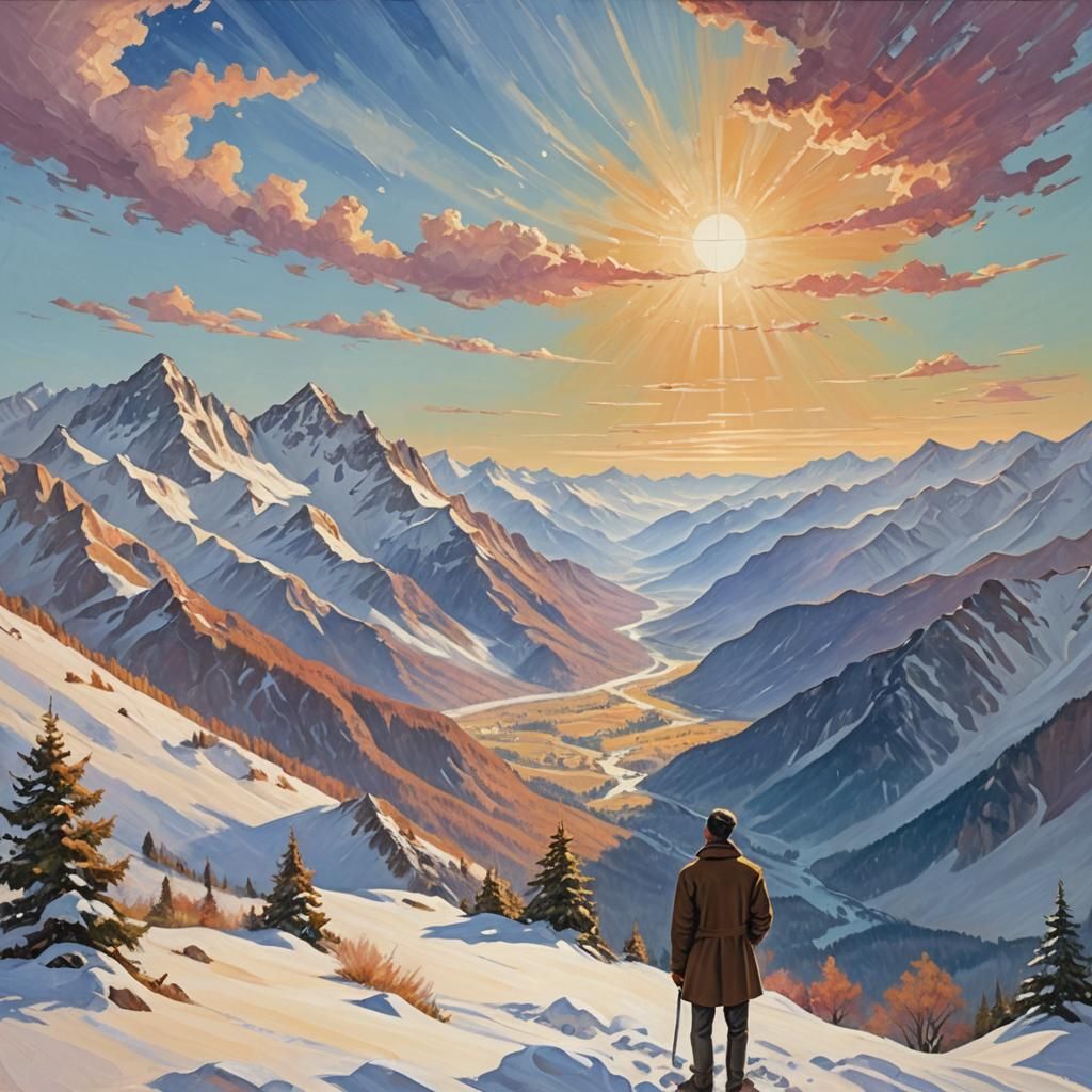 Surreal Landscape with Mountains in Impasto Style