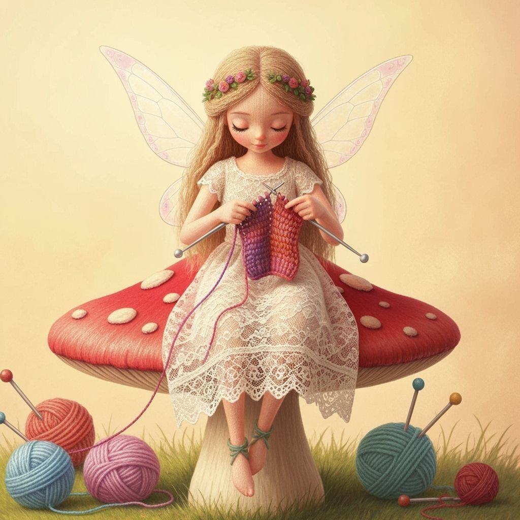 Knitted Fairy Knitting on Mushroom in Whimsical Style