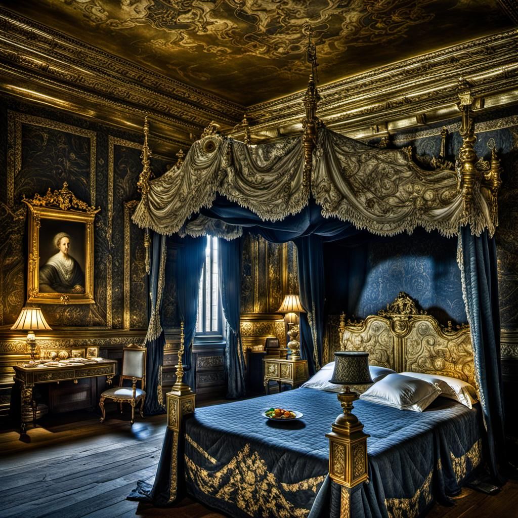 Ornate Castle Chamber with Elderly Woman