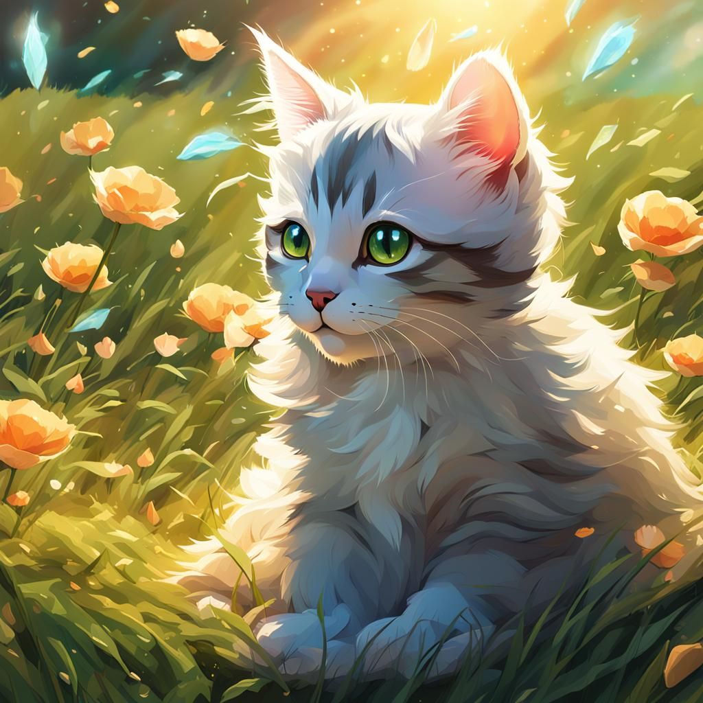 Kitten in Sunny Field with Vaporwave Style