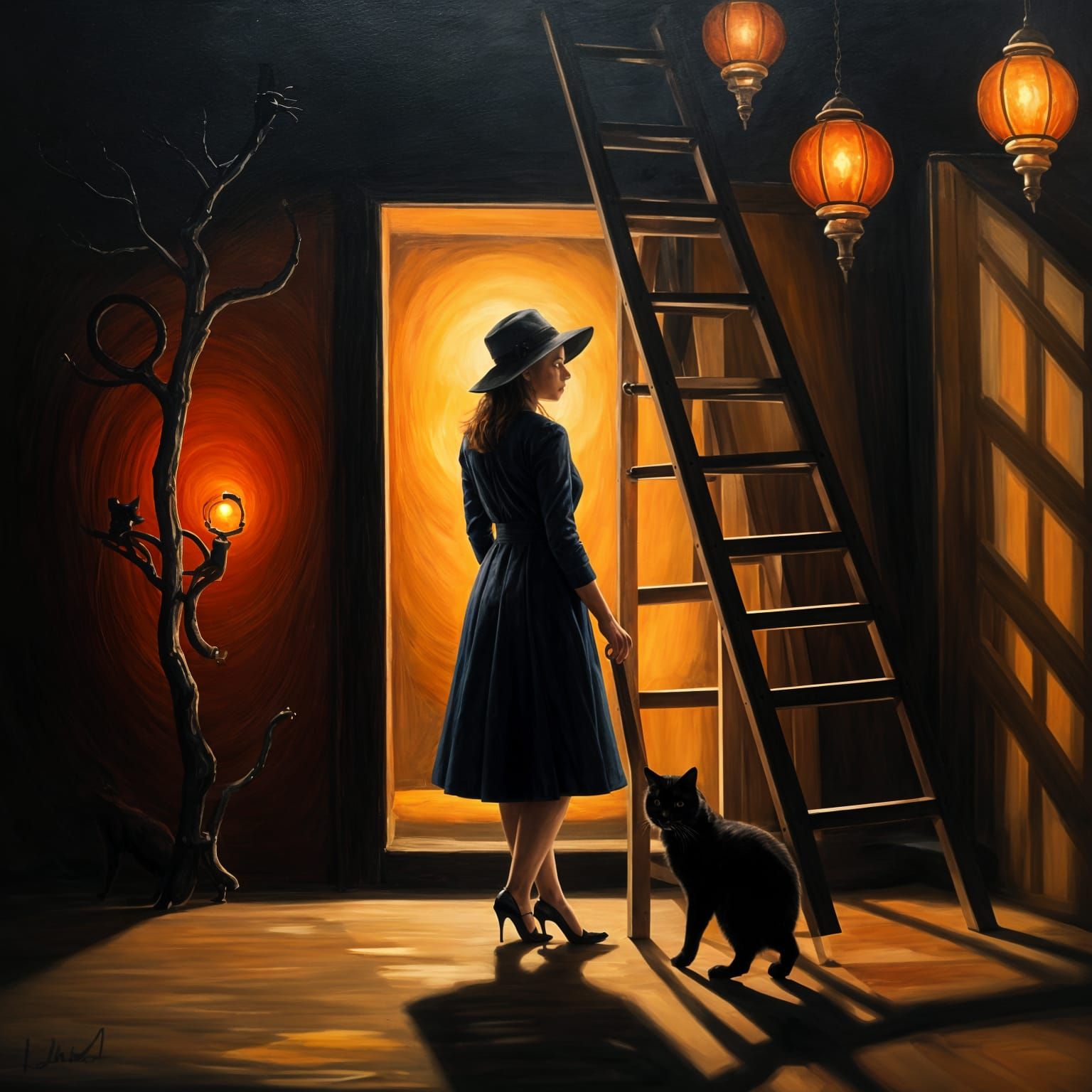 Woman, Ladder, and Cat: A Superstitious Scene