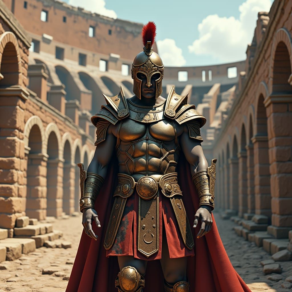 Gladiator in Ornate Armor Stands Victorious in Colosseum