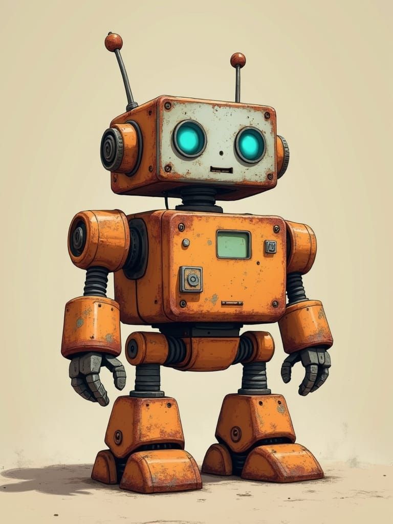 Rusty Square Robot in Anime Style