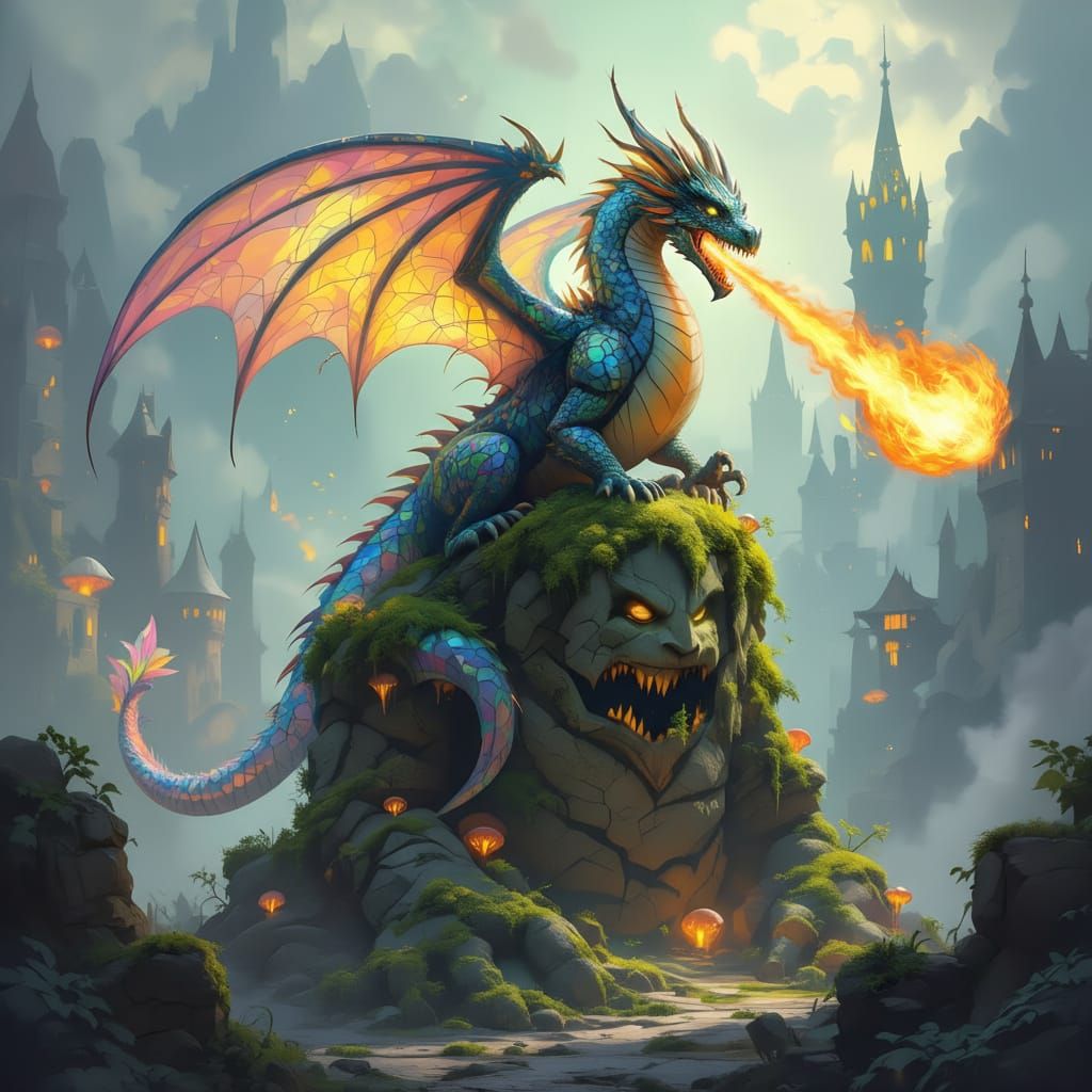 Dragon on Mossy Golem in Magical Luminescence