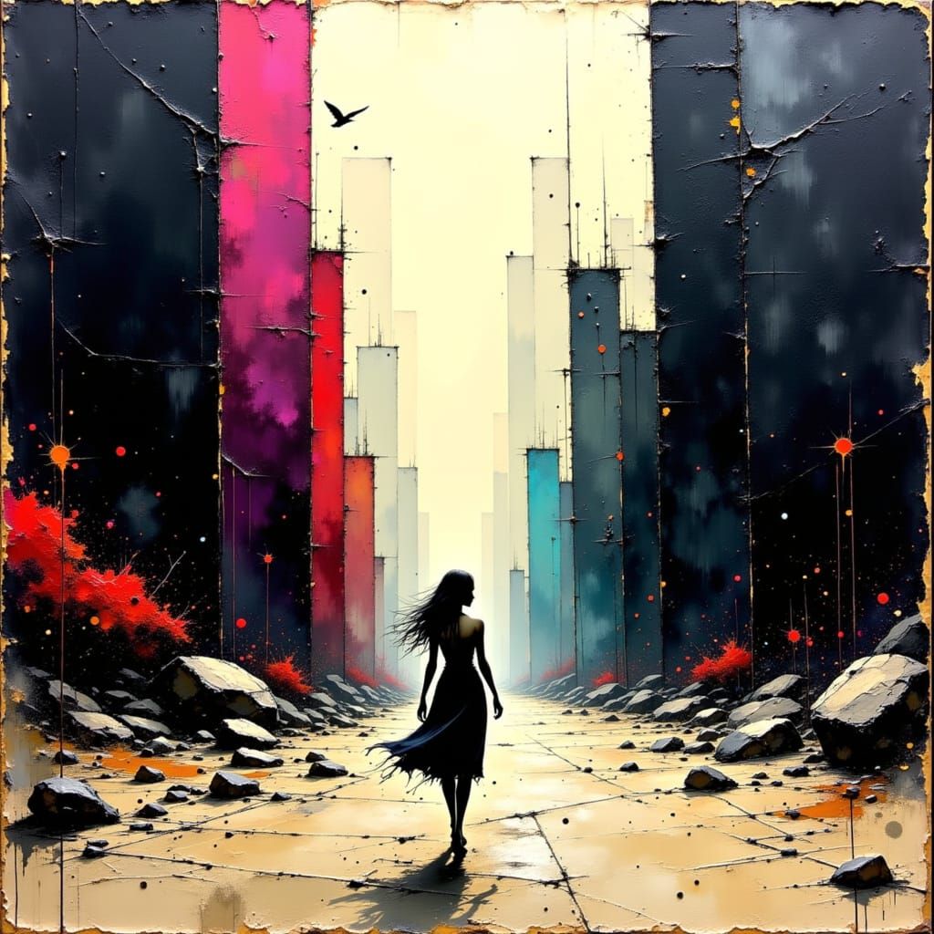 Woman in Surreal Impasto Cityscape Painting