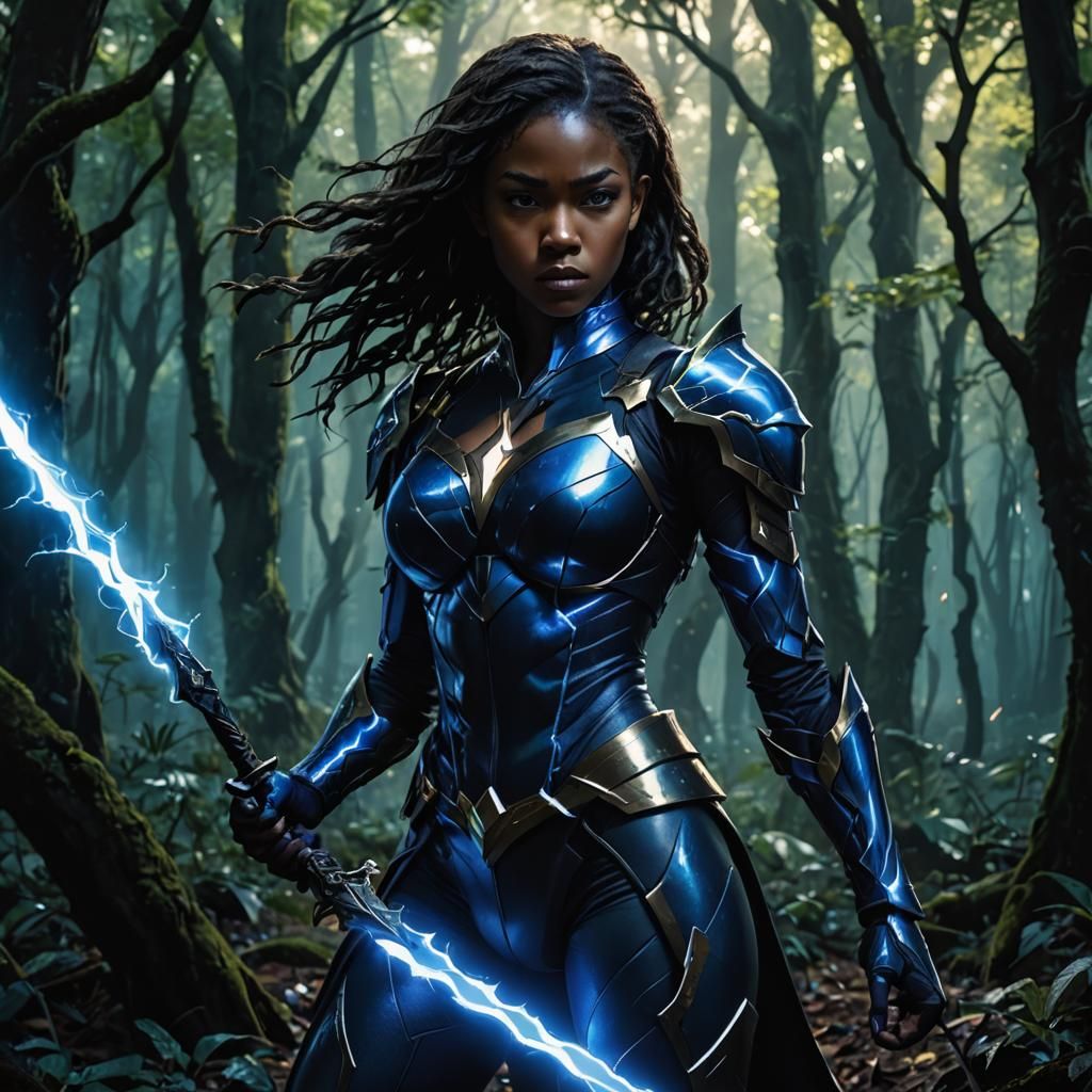 Cyberpunk Inspired Anime Warrior in Dark Mystical Forest