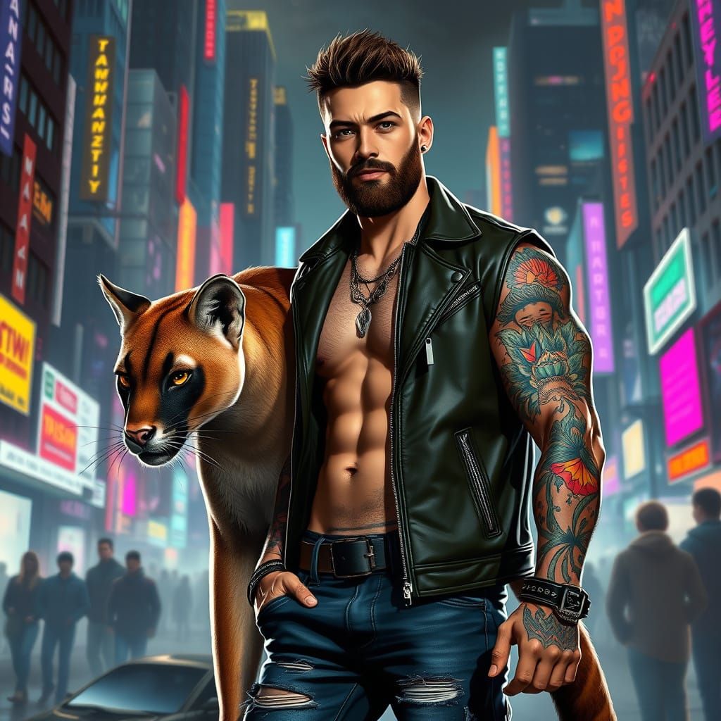 Cyberpunk Man and Puma in Dystopian Cityscape