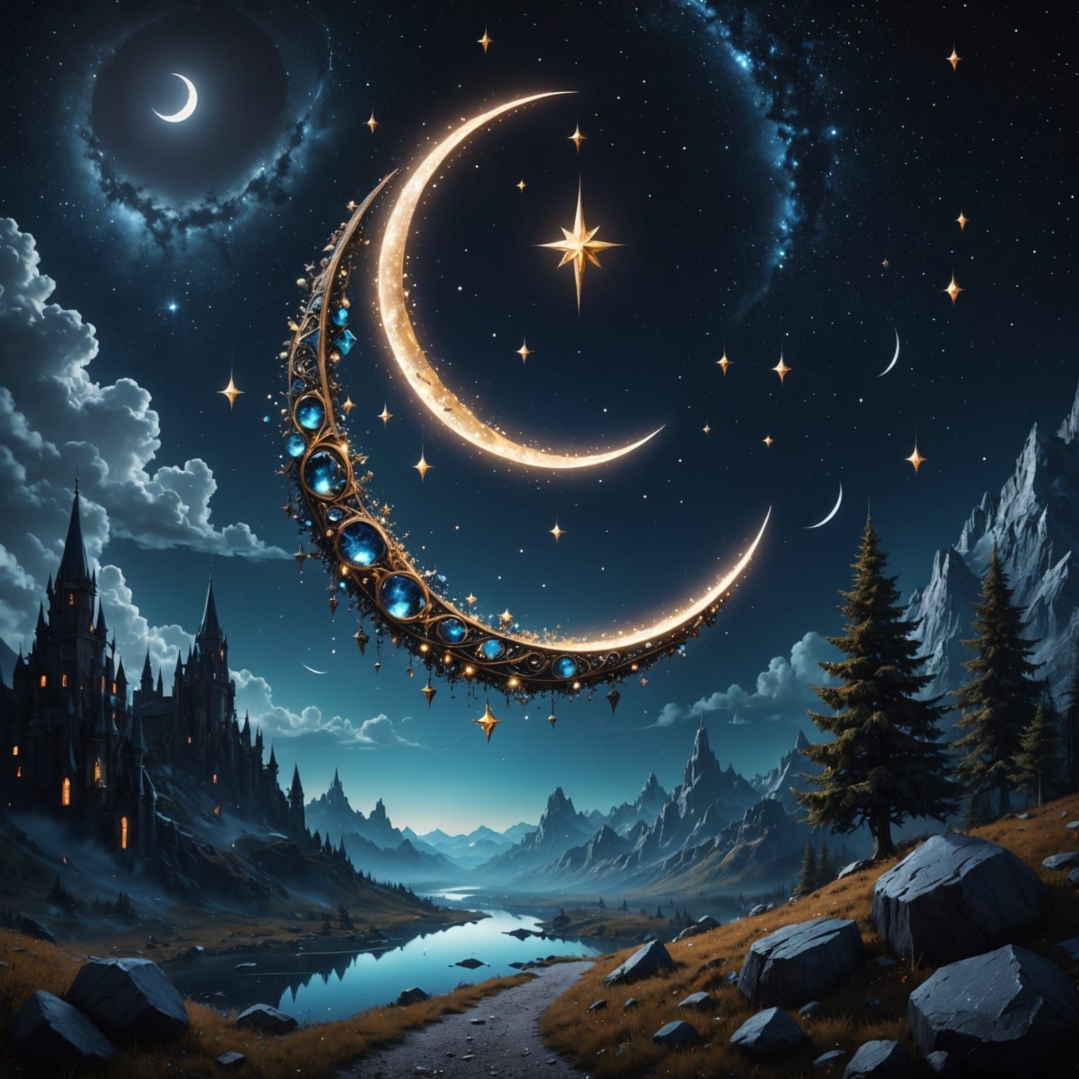 Ethereal Night Sky with Crescent Moon and Celestial Bodies