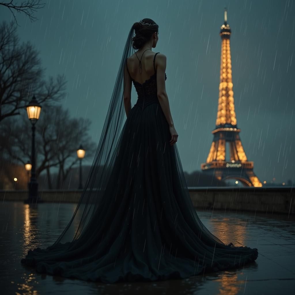 Woman in Black Wedding Dress in Rainy Paris