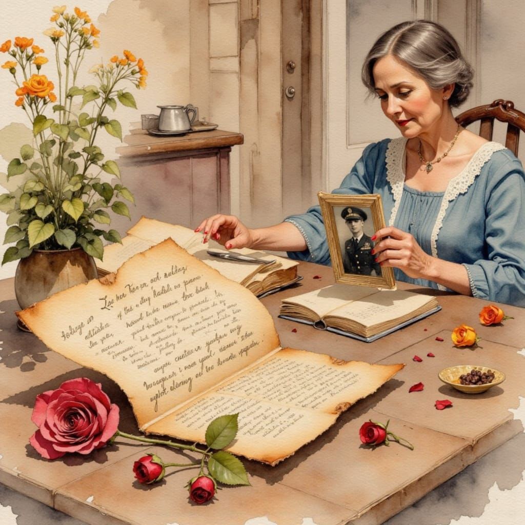 Nostalgic Love Letter Scene in Expressive Watercolor