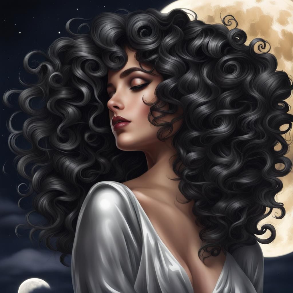 Moonlit Dark Curls: A Close-Up