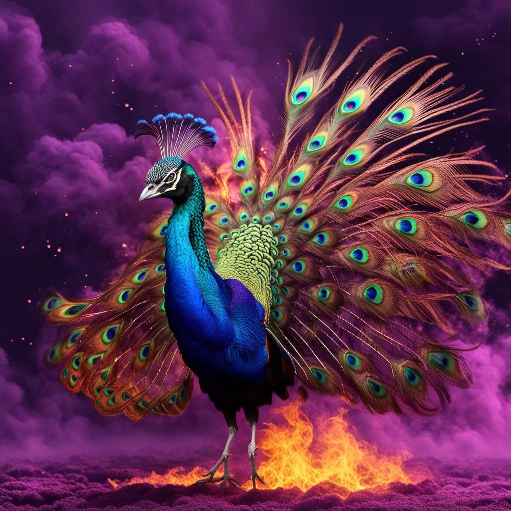 Peacock Soaring Through Purple Fire