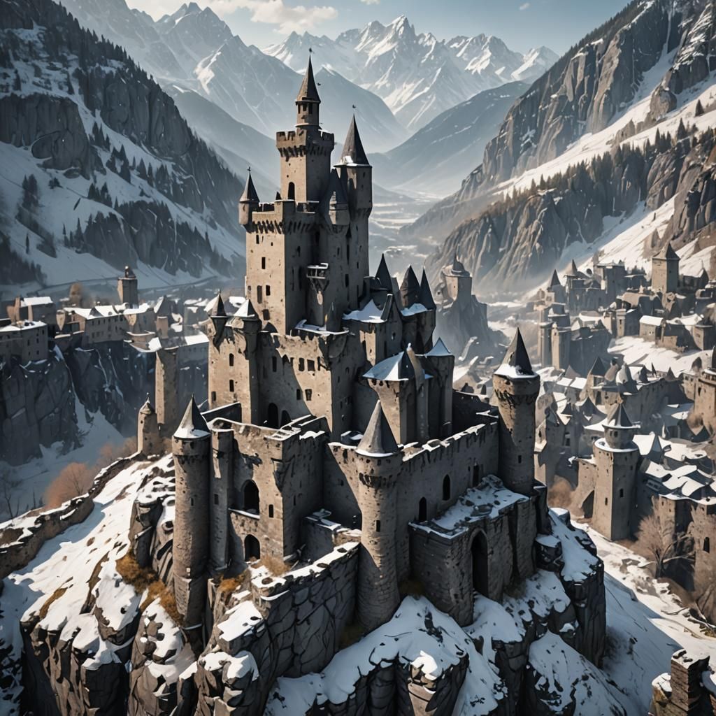 Ruined Castle in Mountains: Dark Fantasy Concept Art