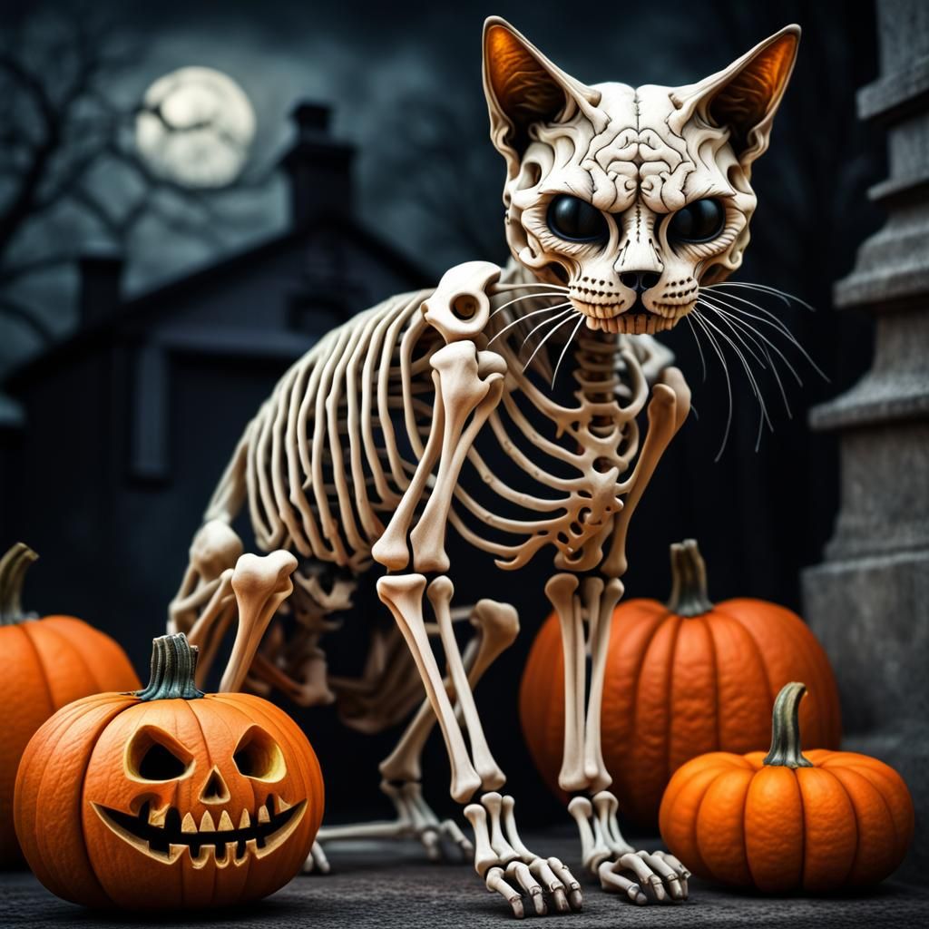 Skeleton Cat with Pumpkin Head in HDR