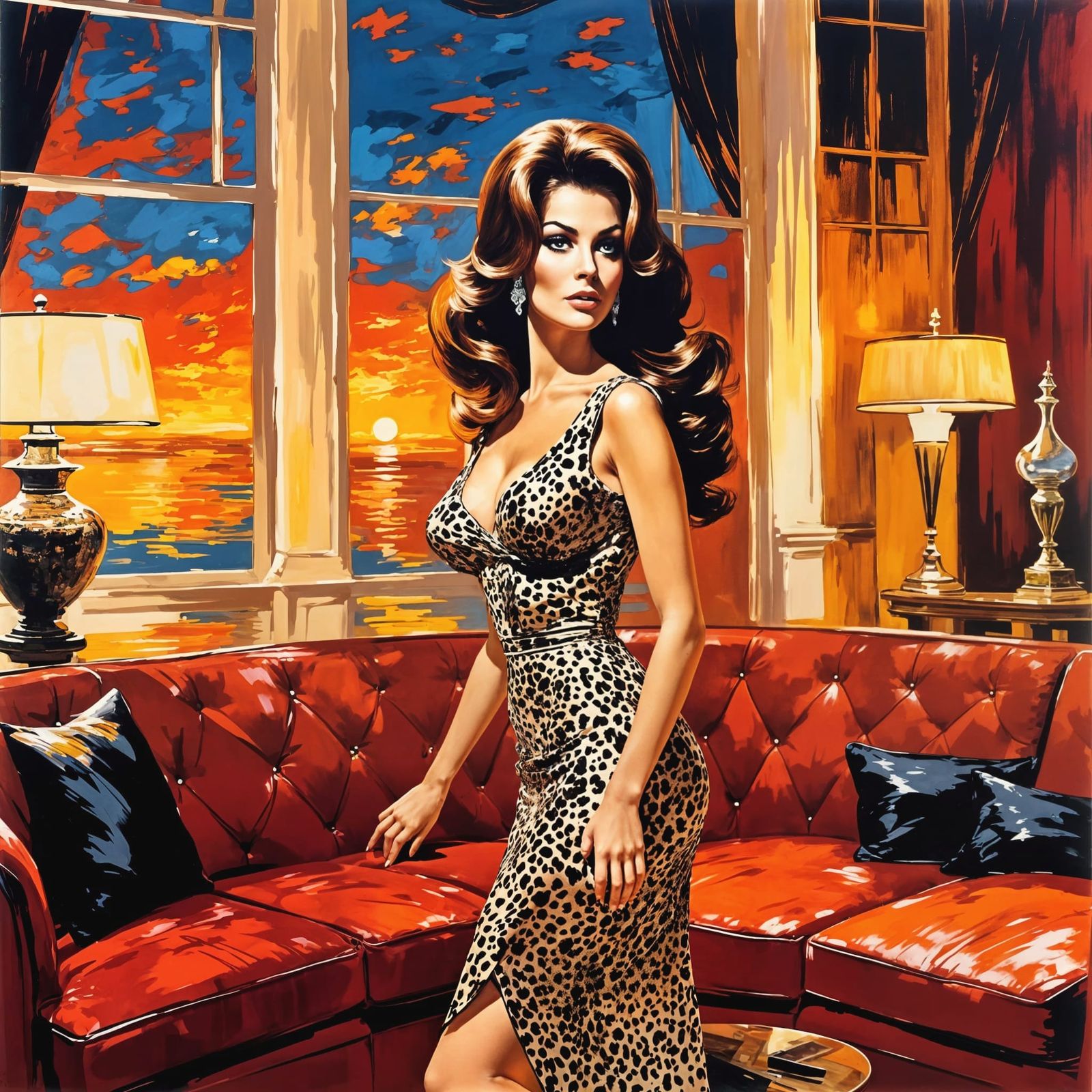 Raquel Welch in Chic 1960s Lair, Abstract Impressionist Styl...