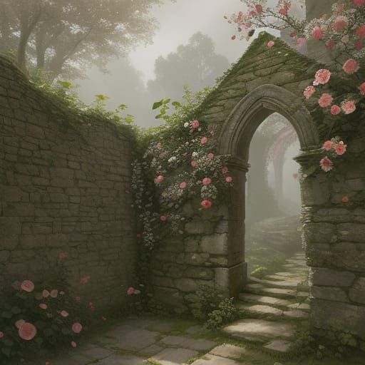 Wild Rose Beside Stone Wall - Detailed Digital Painting
