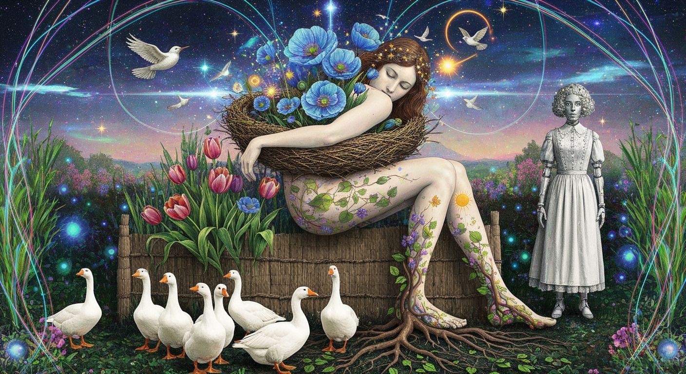 Cosmic Woman with Star Nest, Floral, Birds in Dreamlike Fant...