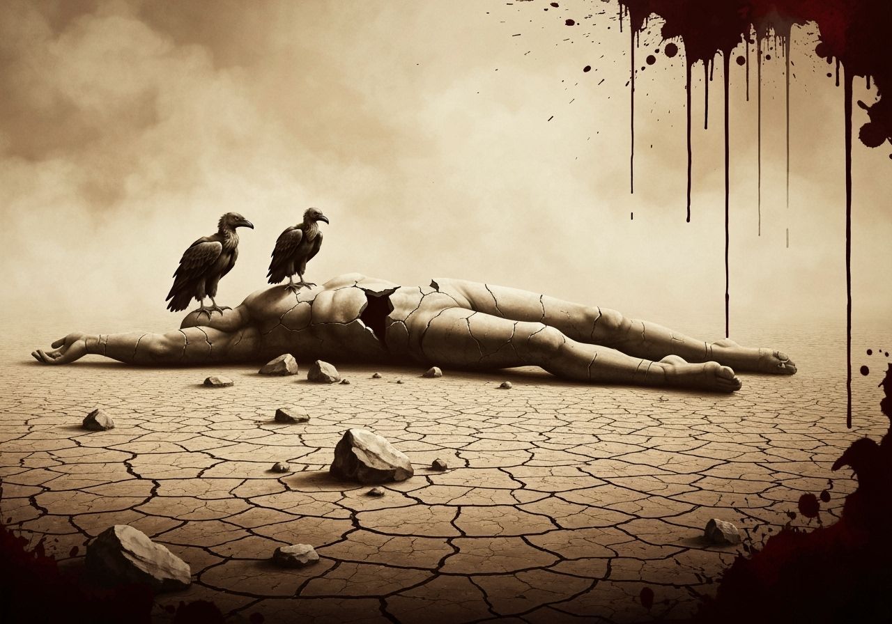 Ink Painting of Vultures on a Broken Stone Body