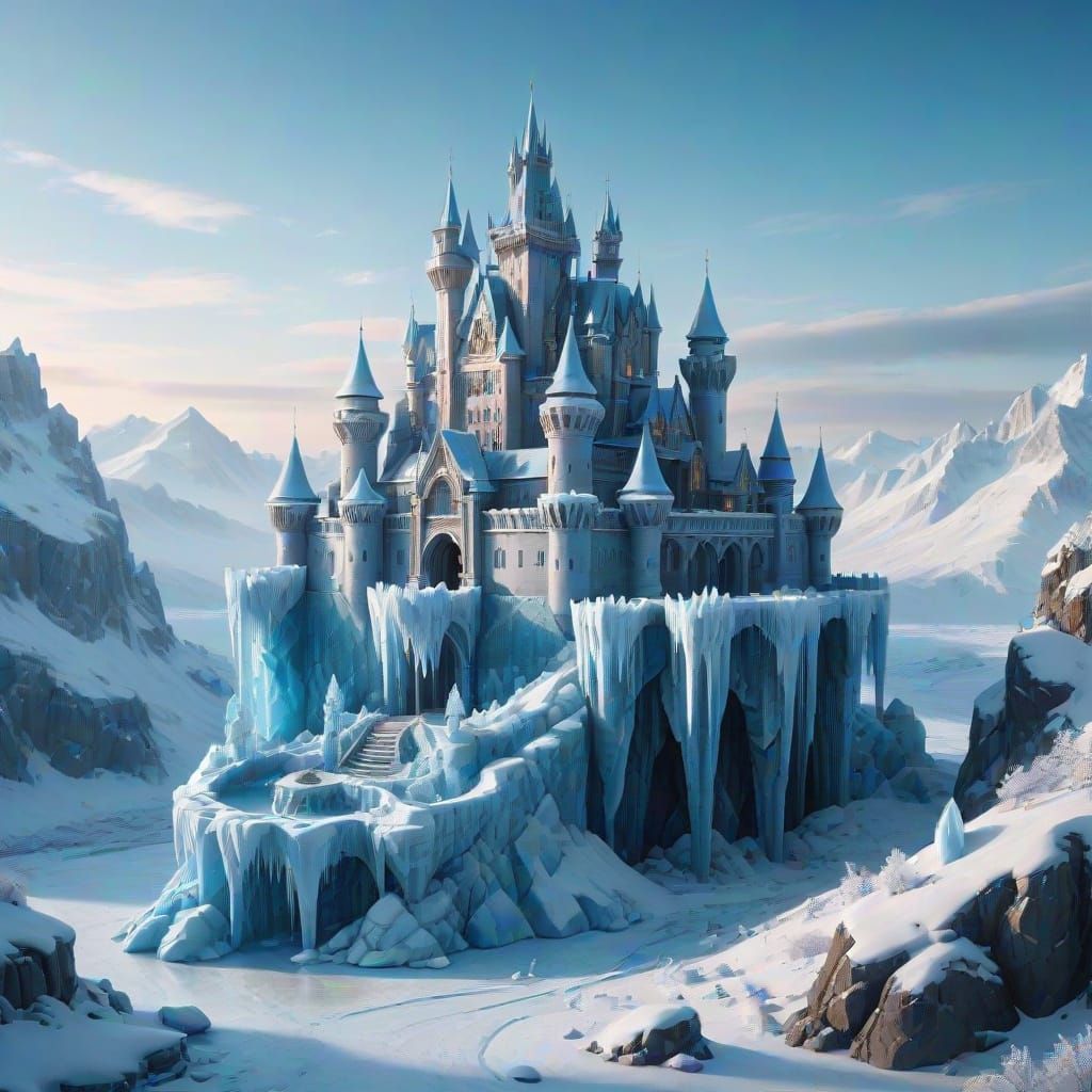 Majestic Pale Blue Ice Castle in Cinematic Grandeur