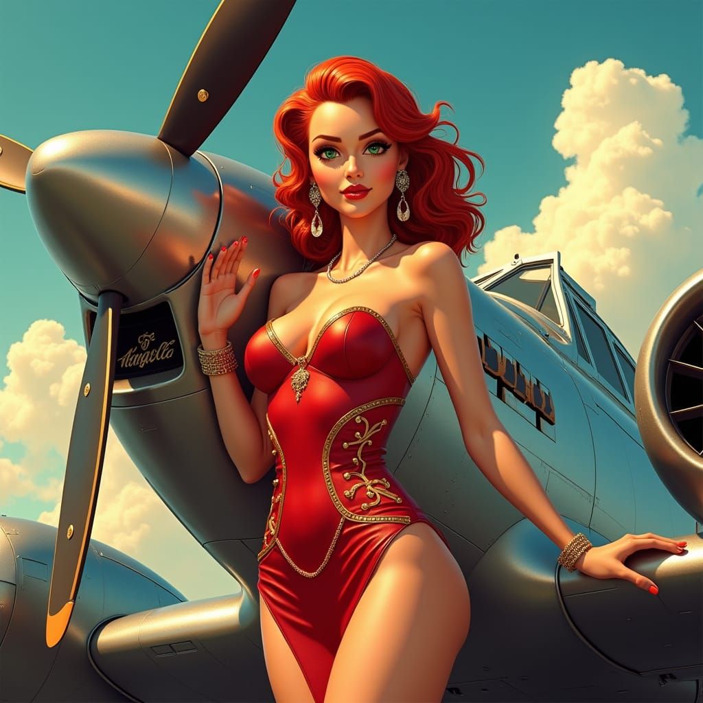 Pin-Up Girl and Aircraft in 1940s Style