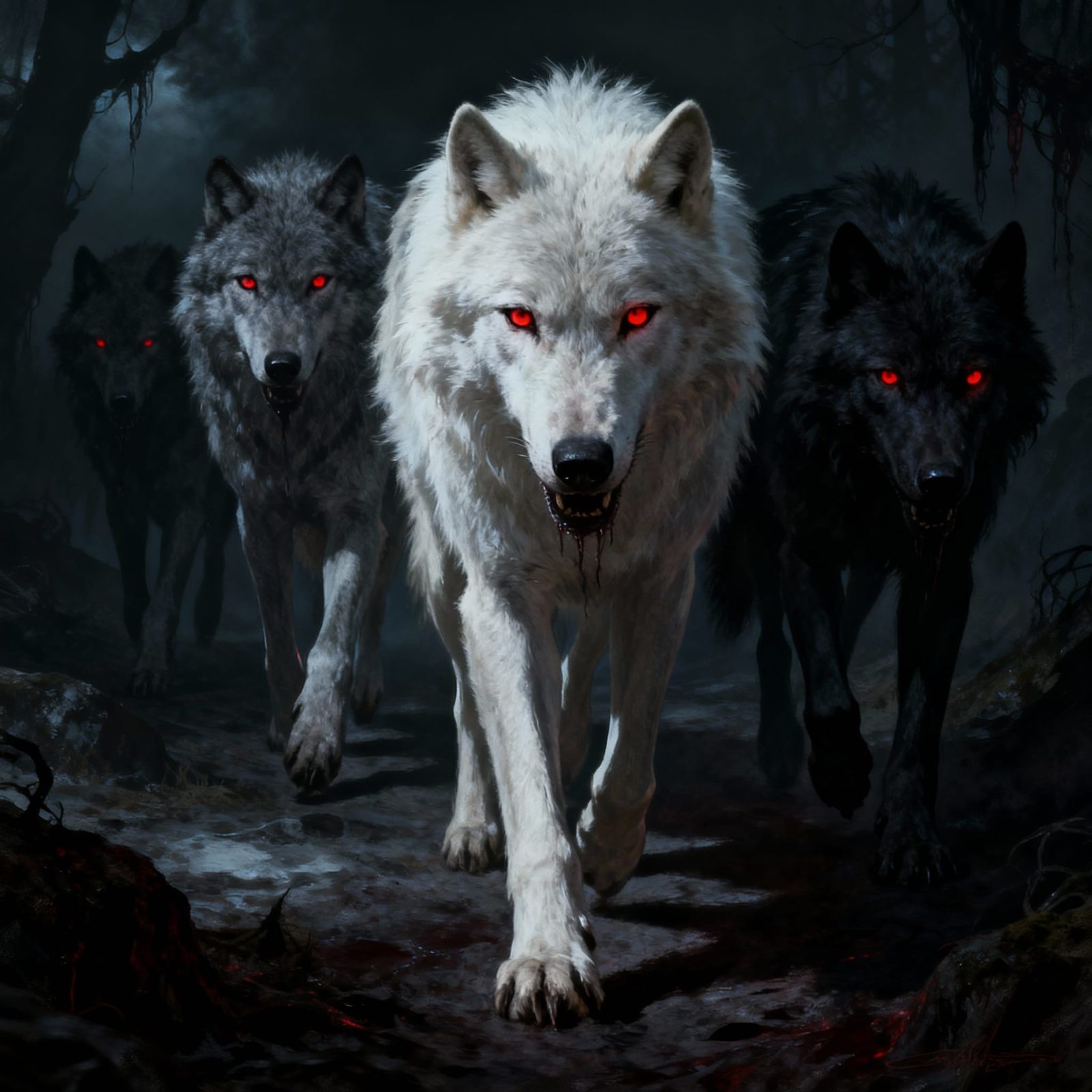 Determined Wolf Pack with Red Eyes Approaches in Dark Fantas...